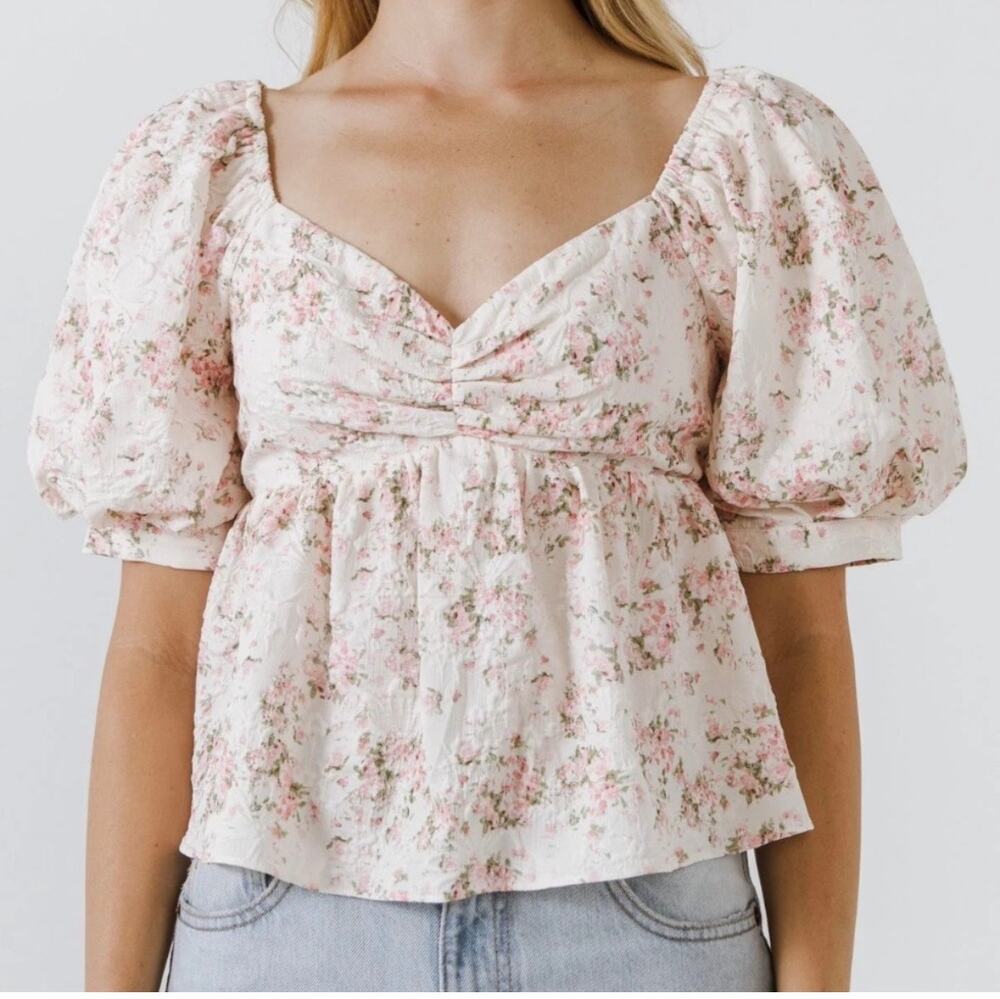English Factory Textured Floral Puff Sleeve Top